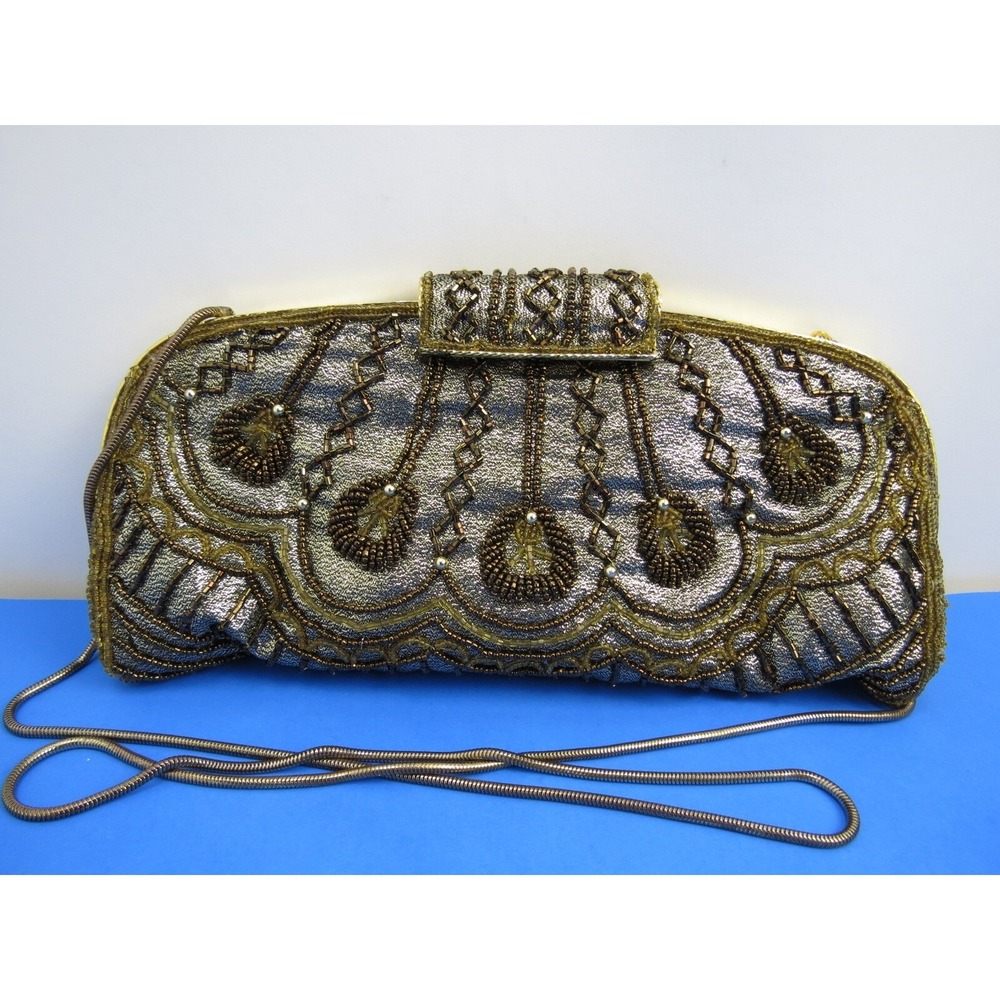 Beaded Women's Clutch Purse Bag Gold Tone Evening Bag